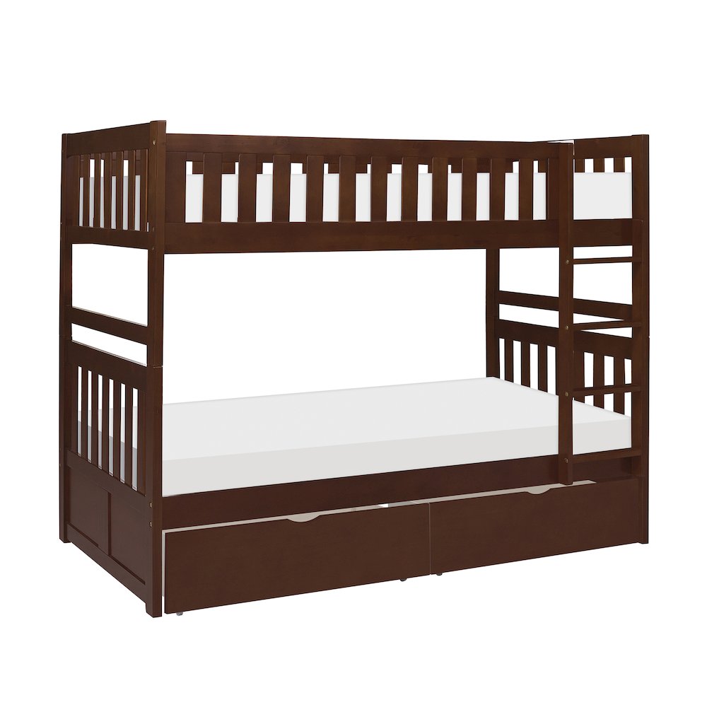 Rowe Pine Twin Over Twin Bunk Bed with Storage Boxes in Dark Cherry