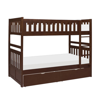Rowe Pine Twin Over Twin Bunk Bed with Storage Boxes in Dark Cherry