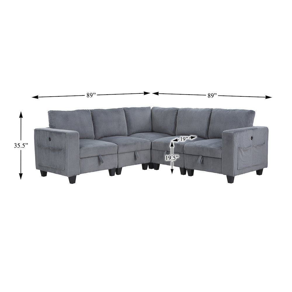 Walterboro Corduroy 5-Piece Sectional with Storage in Dark Gray