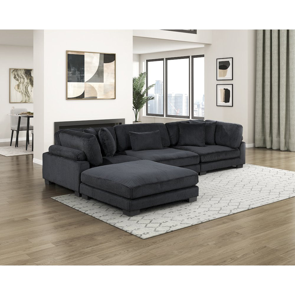 Traverse Corduroy 4-Piece Modular Sectional with Ottoman in Black