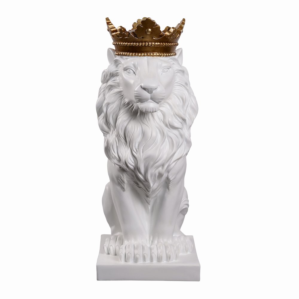 14.5" H White Sitting Lion Gold Crown Resin Statue Home Decor