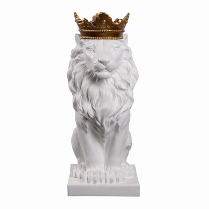 14.5" H White Sitting Lion Gold Crown Resin Statue Home Decor