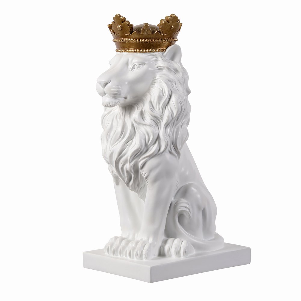 14.5" H White Sitting Lion Gold Crown Resin Statue Home Decor