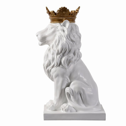 14.5" H White Sitting Lion Gold Crown Resin Statue Home Decor