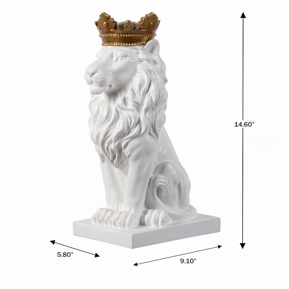 14.5" H White Sitting Lion Gold Crown Resin Statue Home Decor