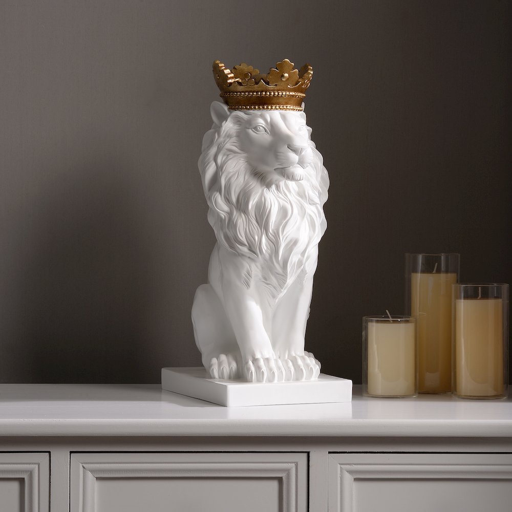 14.5" H White Sitting Lion Gold Crown Resin Statue Home Decor