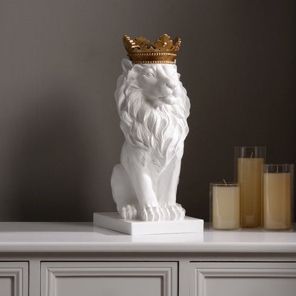 14.5" H White Sitting Lion Gold Crown Resin Statue Home Decor
