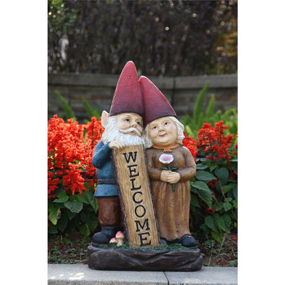Robert & Sofia Standing Gnome Couple with Welcome Sign