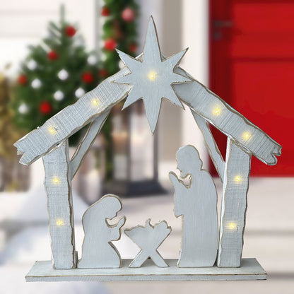 30in Lighted Wooden Nativity Family with Timer Battery Operated Christmas Decor