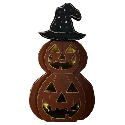 25in Wooden Lighted Jack O Lantern Hat Timer Battery Operated Halloween Decor