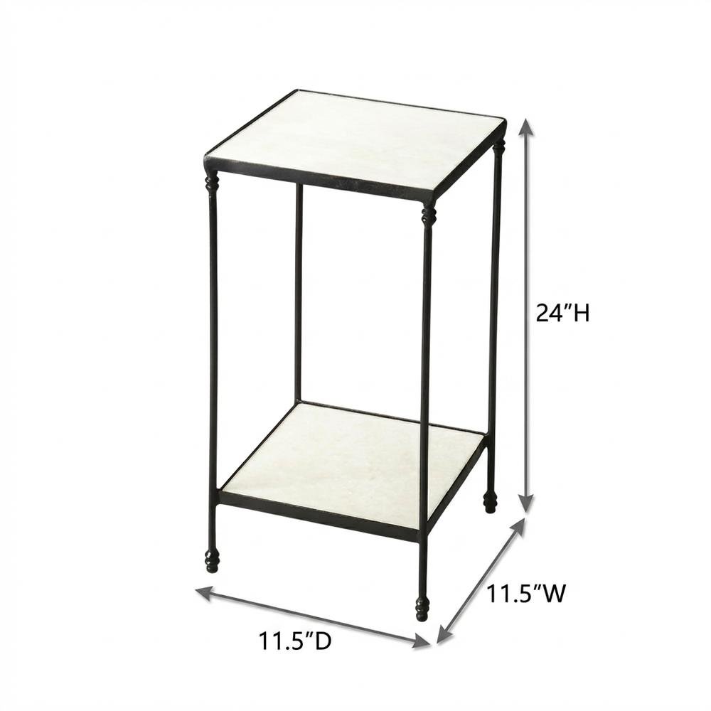 Square Marble Top Side Table with Shelf, Transitional Accent, Black