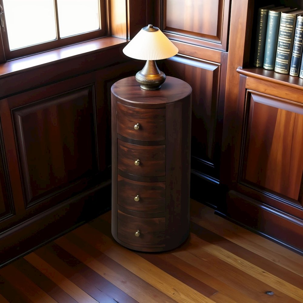 Round End Table with Storage – Side Table with Drawer in Brown Wood