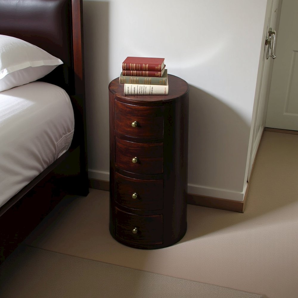 Round End Table with Storage – Side Table with Drawer in Brown Wood
