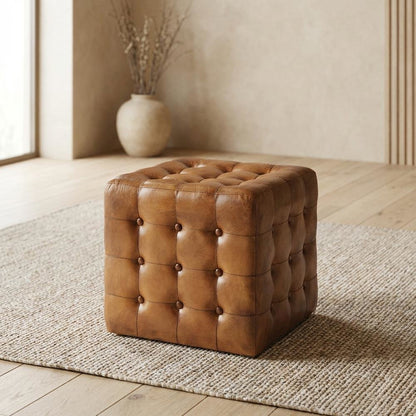 Square Leather Upholstered Ottoman, Transitional Footrest for Living Room