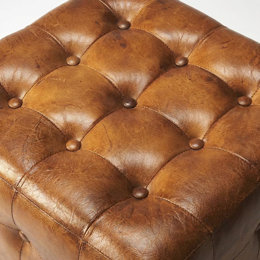 Square Leather Upholstered Ottoman, Transitional Footrest for Living Room