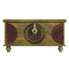 Carved Wood Trunk Coffee Table, Boho Eclectic Cocktail Table for Living Room