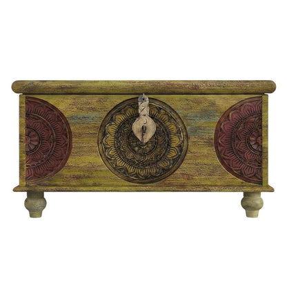 Carved Wood Trunk Coffee Table, Boho Eclectic Cocktail Table for Living Room