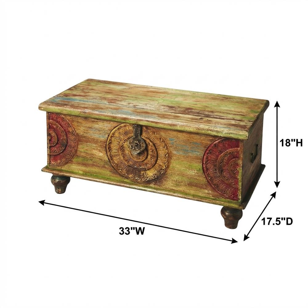 Carved Wood Trunk Coffee Table, Boho Eclectic Cocktail Table for Living Room
