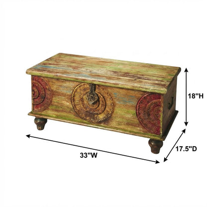 Carved Wood Trunk Coffee Table, Boho Eclectic Cocktail Table for Living Room