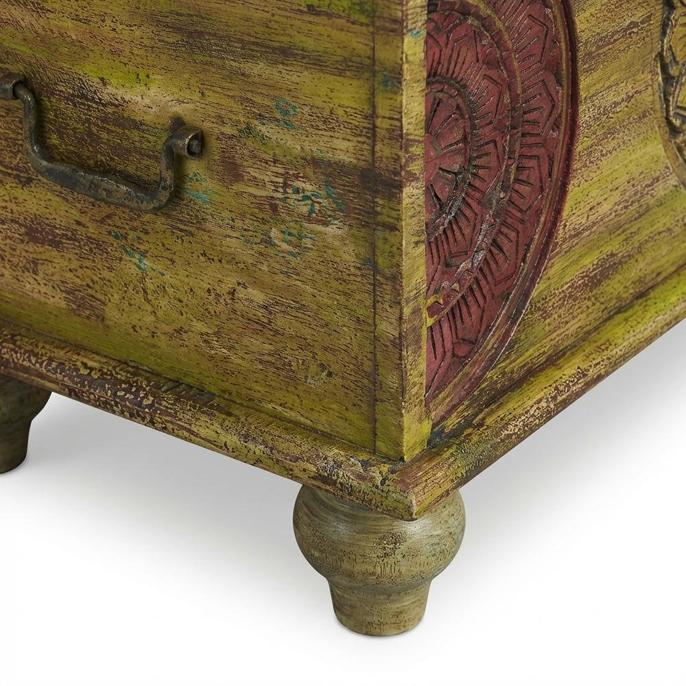 Carved Wood Trunk Coffee Table, Boho Eclectic Cocktail Table for Living Room