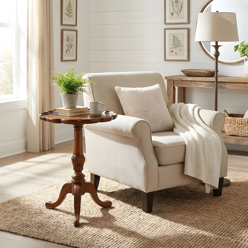 Oak Veneer Round Pedestal Side Table with Distressed Traditional Finish