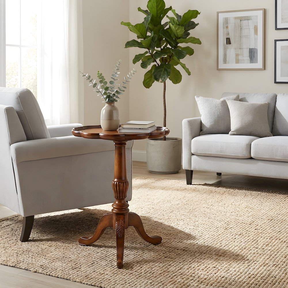 Oak Veneer Round Pedestal Side Table with Distressed Traditional Finish