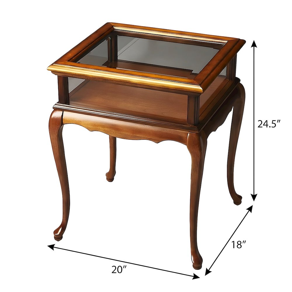 Cherry Veneer Curio Table with Glass Sides and Hinged Shadow Box Storage