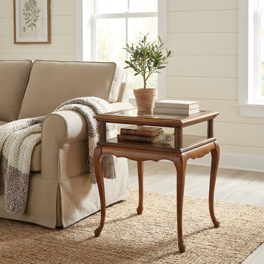 Cherry Veneer Curio Table with Glass Sides and Hinged Shadow Box Storage