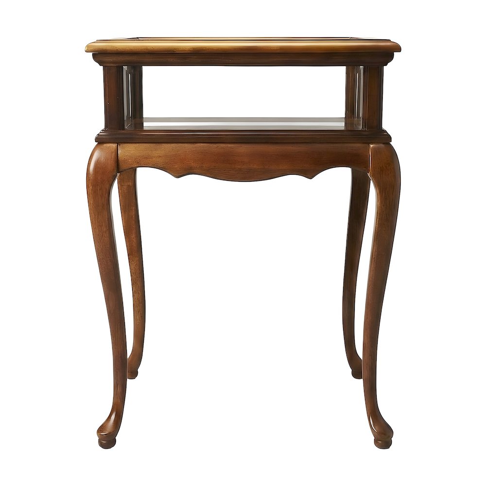 Cherry Veneer Curio Table with Glass Sides and Hinged Shadow Box Storage