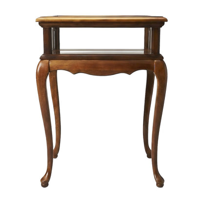 Cherry Veneer Curio Table with Glass Sides and Hinged Shadow Box Storage