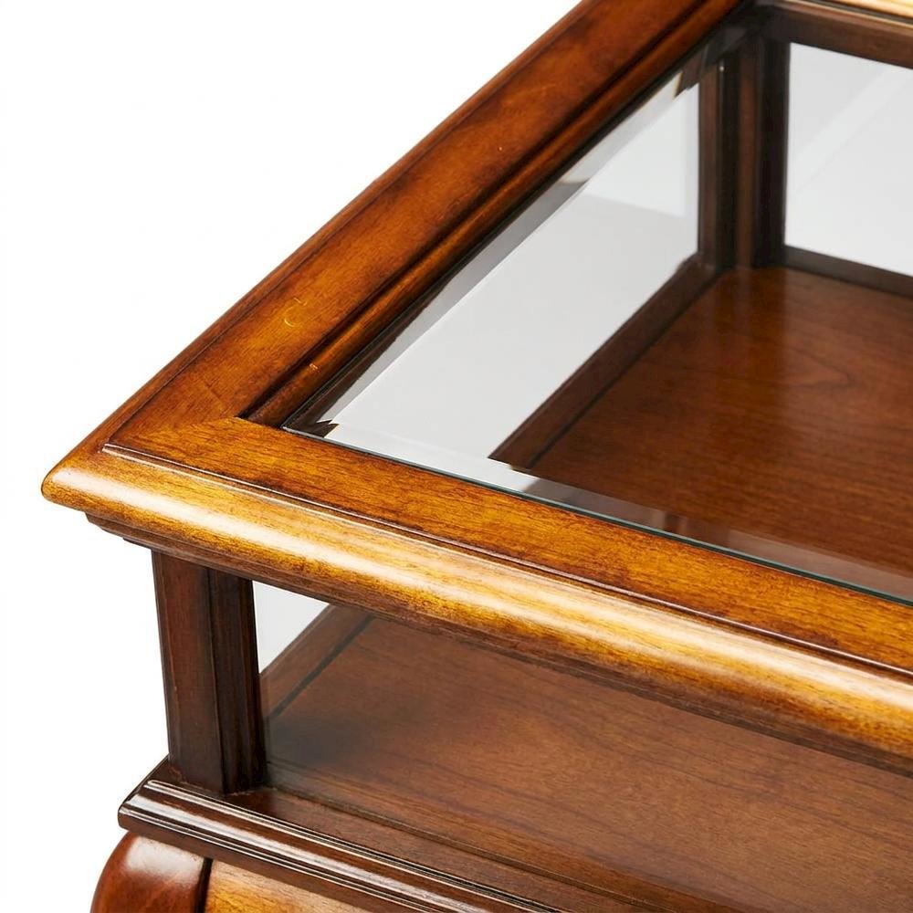Cherry Veneer Curio Table with Glass Sides and Hinged Shadow Box Storage