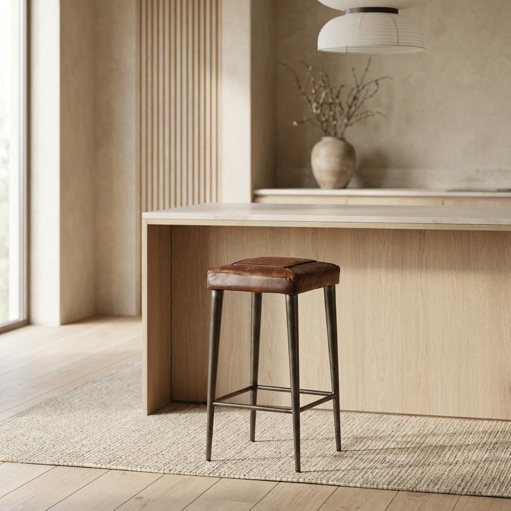 Backless Bar Stool with Leather Seat, Industrial Counter Stool for Kitchen