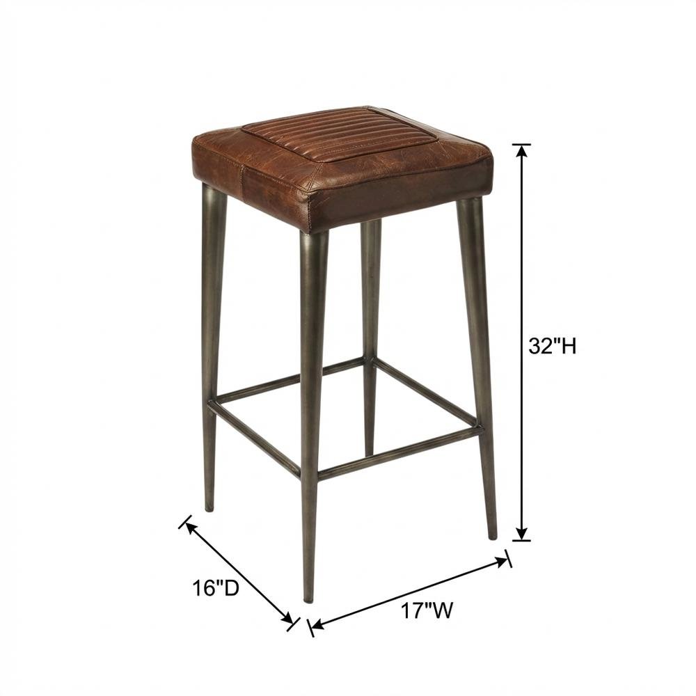 Backless Bar Stool with Leather Seat, Industrial Counter Stool for Kitchen