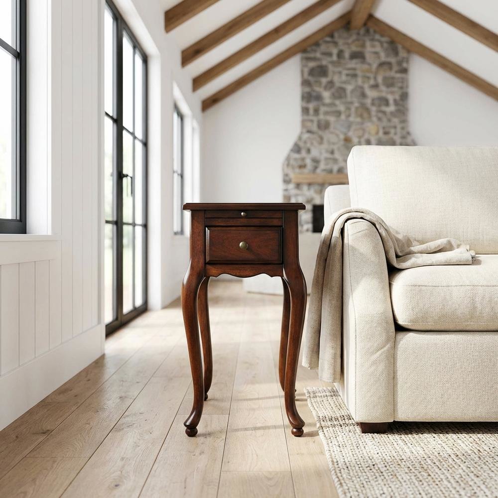 Traditional Chairside Table with Drawer, Wood End Table for Living Room, Cherry