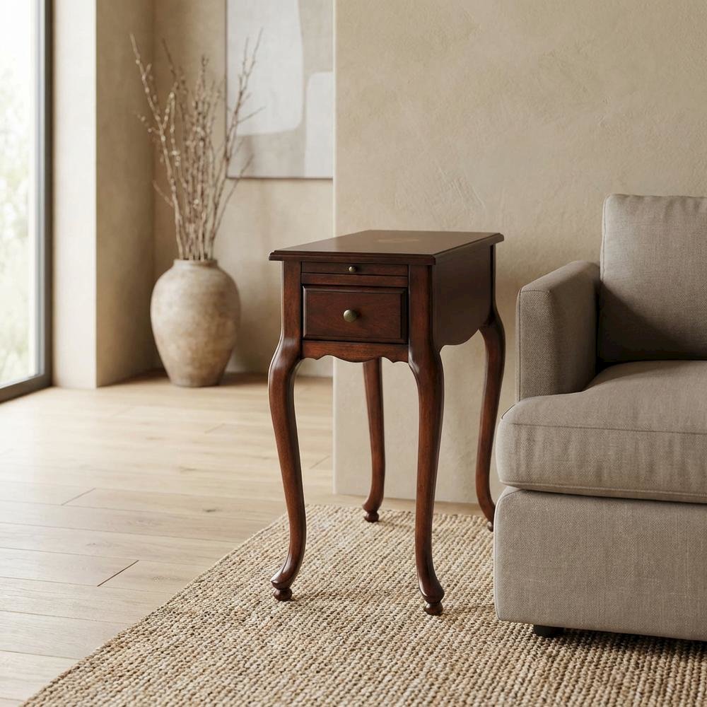 Traditional Chairside Table with Drawer, Wood End Table for Living Room, Cherry
