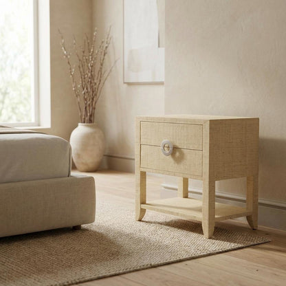 Raffia Nightstand with 2 Drawers, Coastal Bedside End Table for Bedroom, Cream