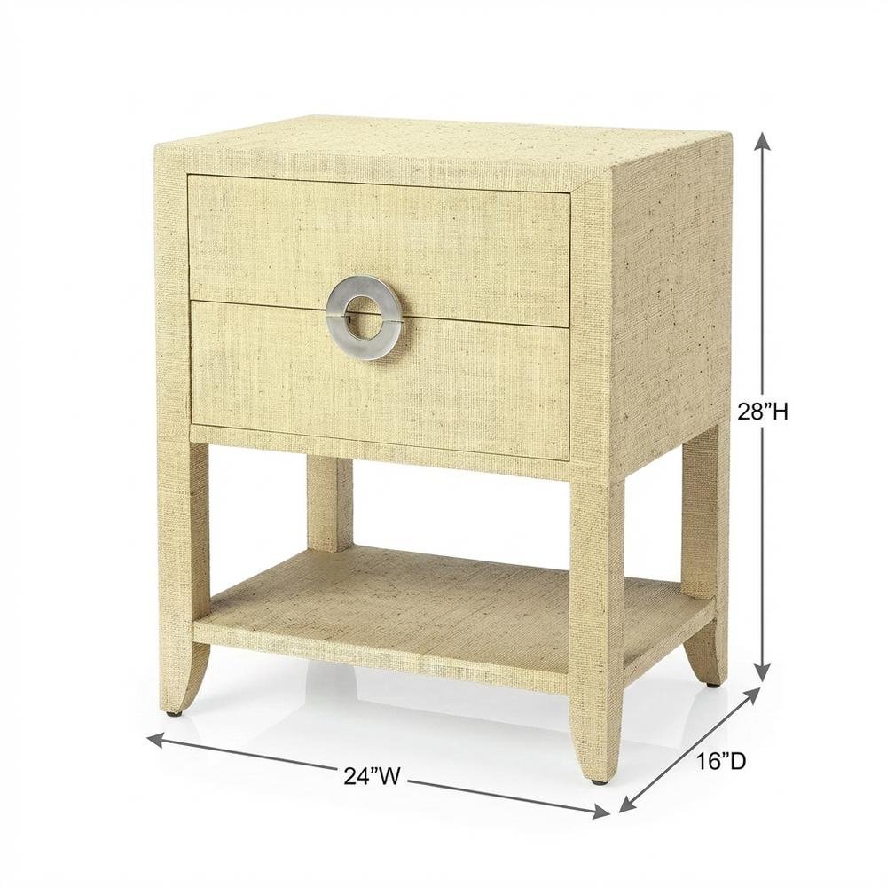 Raffia Nightstand with 2 Drawers, Coastal Bedside End Table for Bedroom, Cream