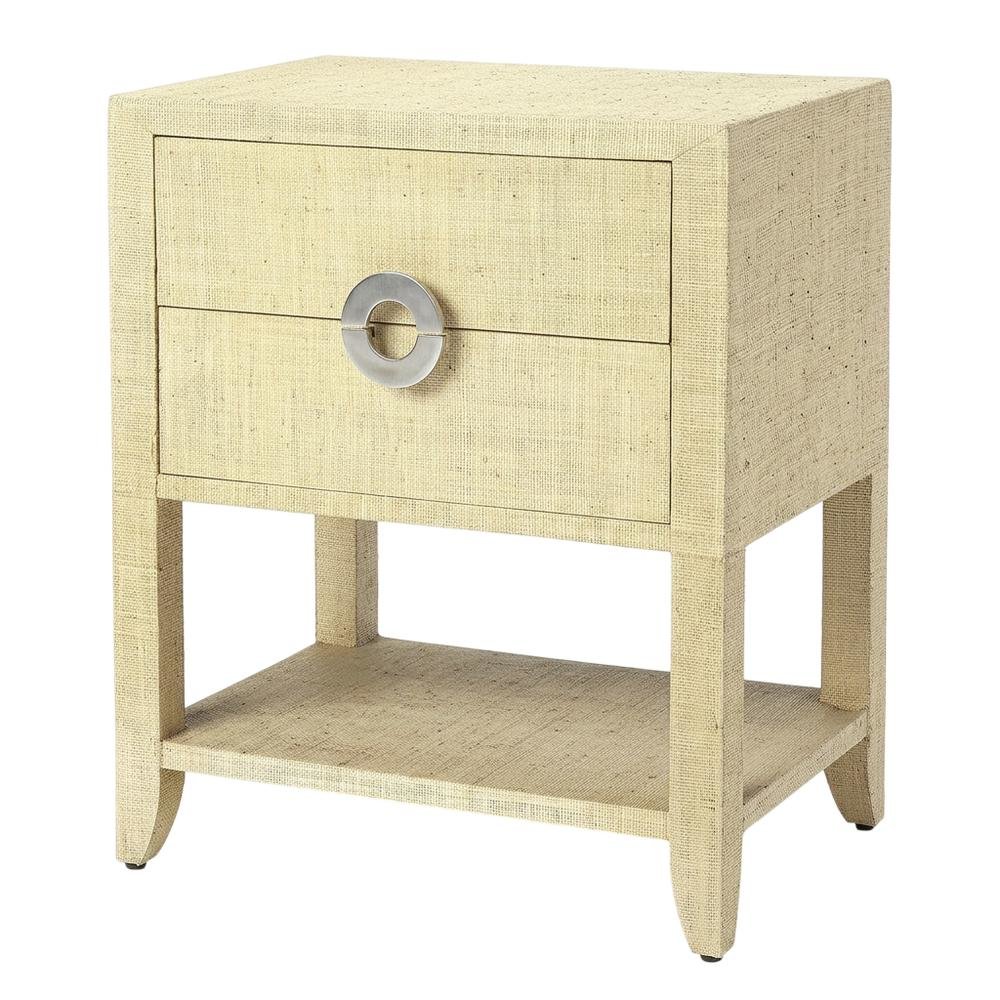 Raffia Nightstand with 2 Drawers, Coastal Bedside End Table for Bedroom, Cream