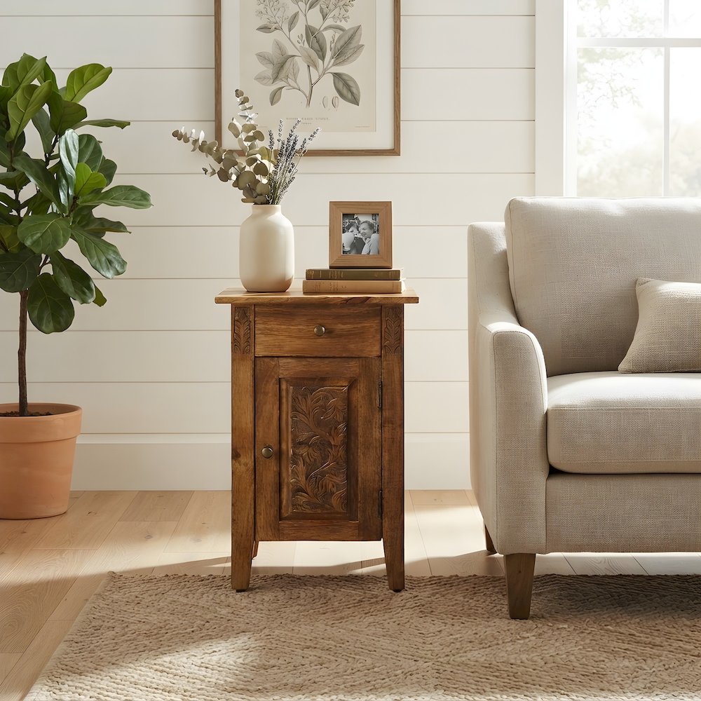 Mango Wood Hand-Carved Accent Cabinet with Iron Hardware and Boho Style