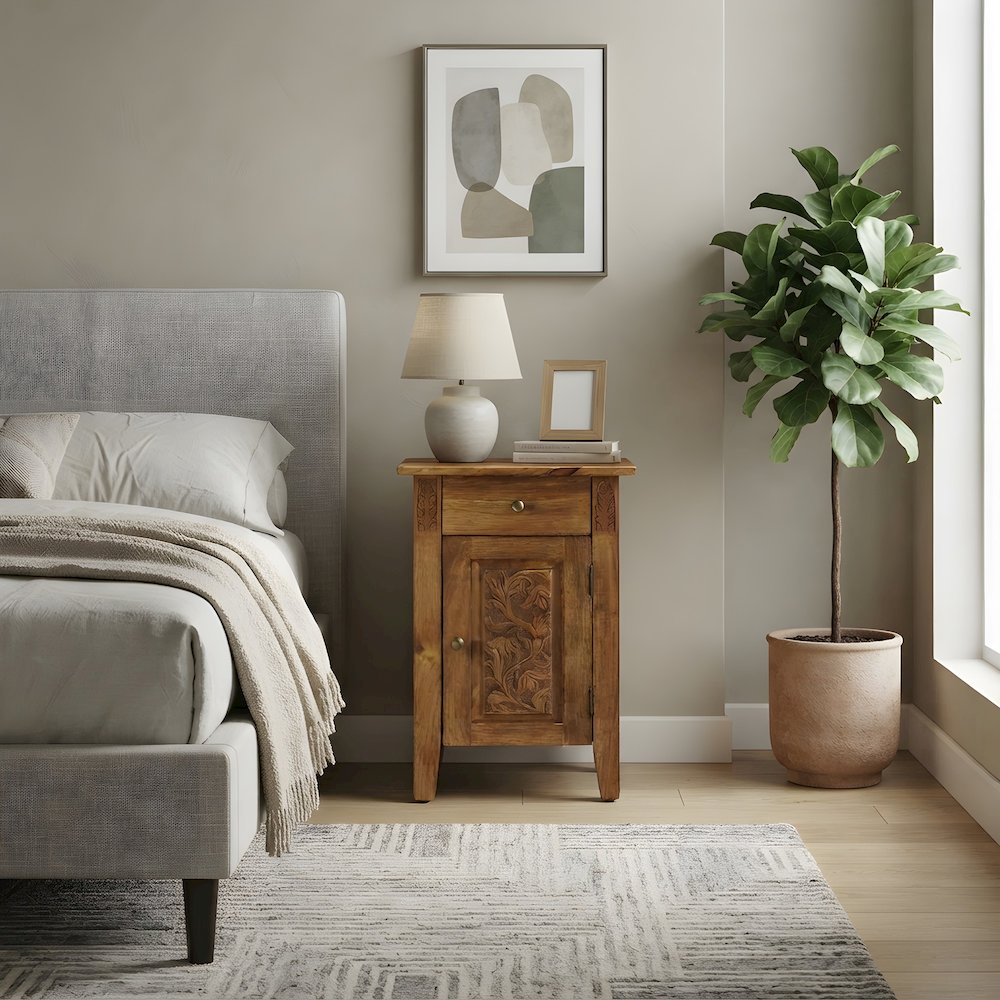Mango Wood Hand-Carved Accent Cabinet with Iron Hardware and Boho Style