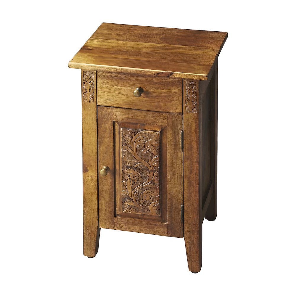 Mango Wood Hand-Carved Accent Cabinet with Iron Hardware and Boho Style