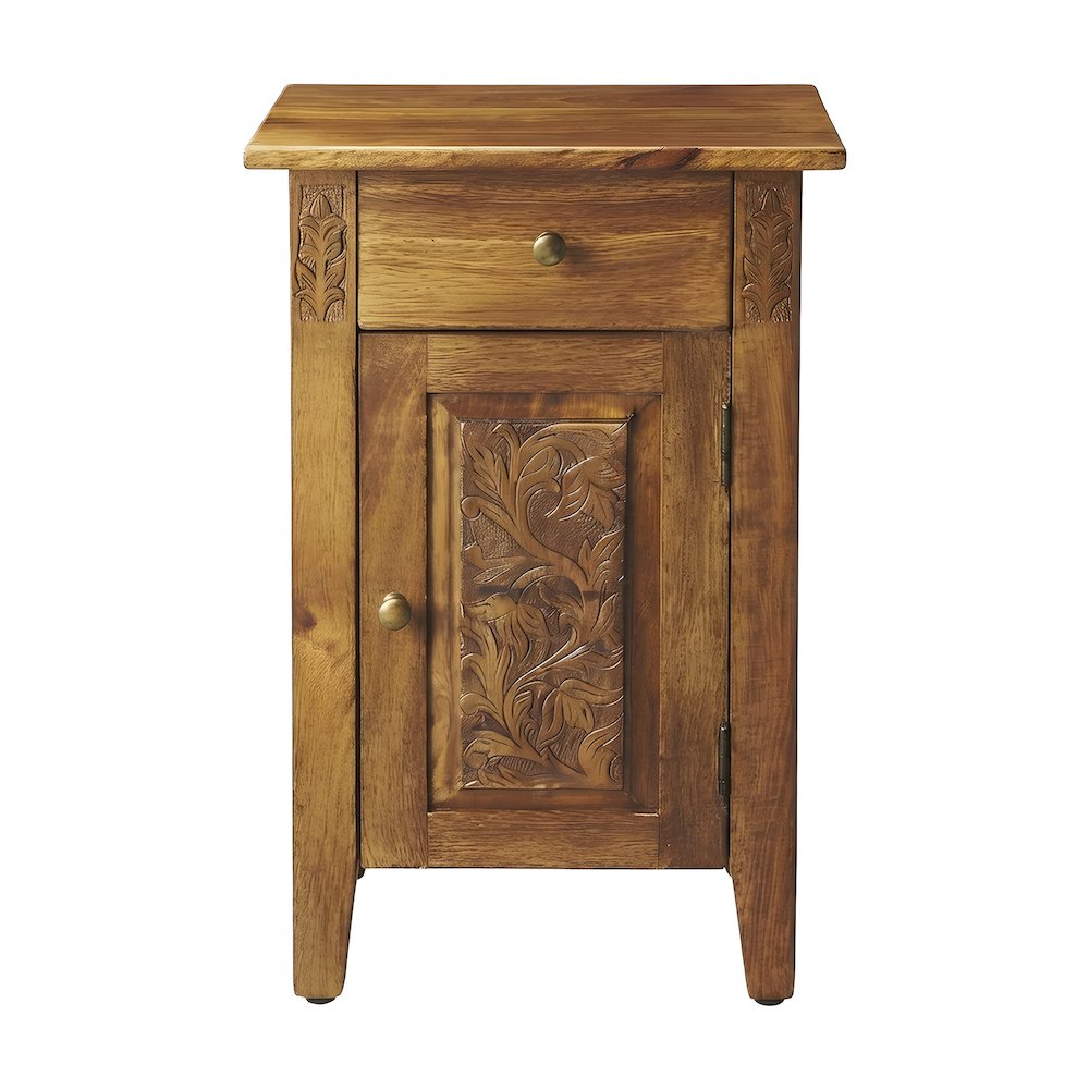 Mango Wood Hand-Carved Accent Cabinet with Iron Hardware and Boho Style