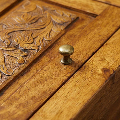 Mango Wood Hand-Carved Accent Cabinet with Iron Hardware and Boho Style