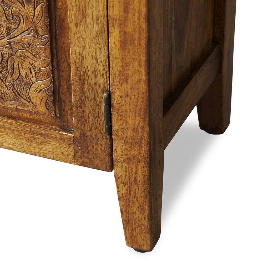 Mango Wood Hand-Carved Accent Cabinet with Iron Hardware and Boho Style