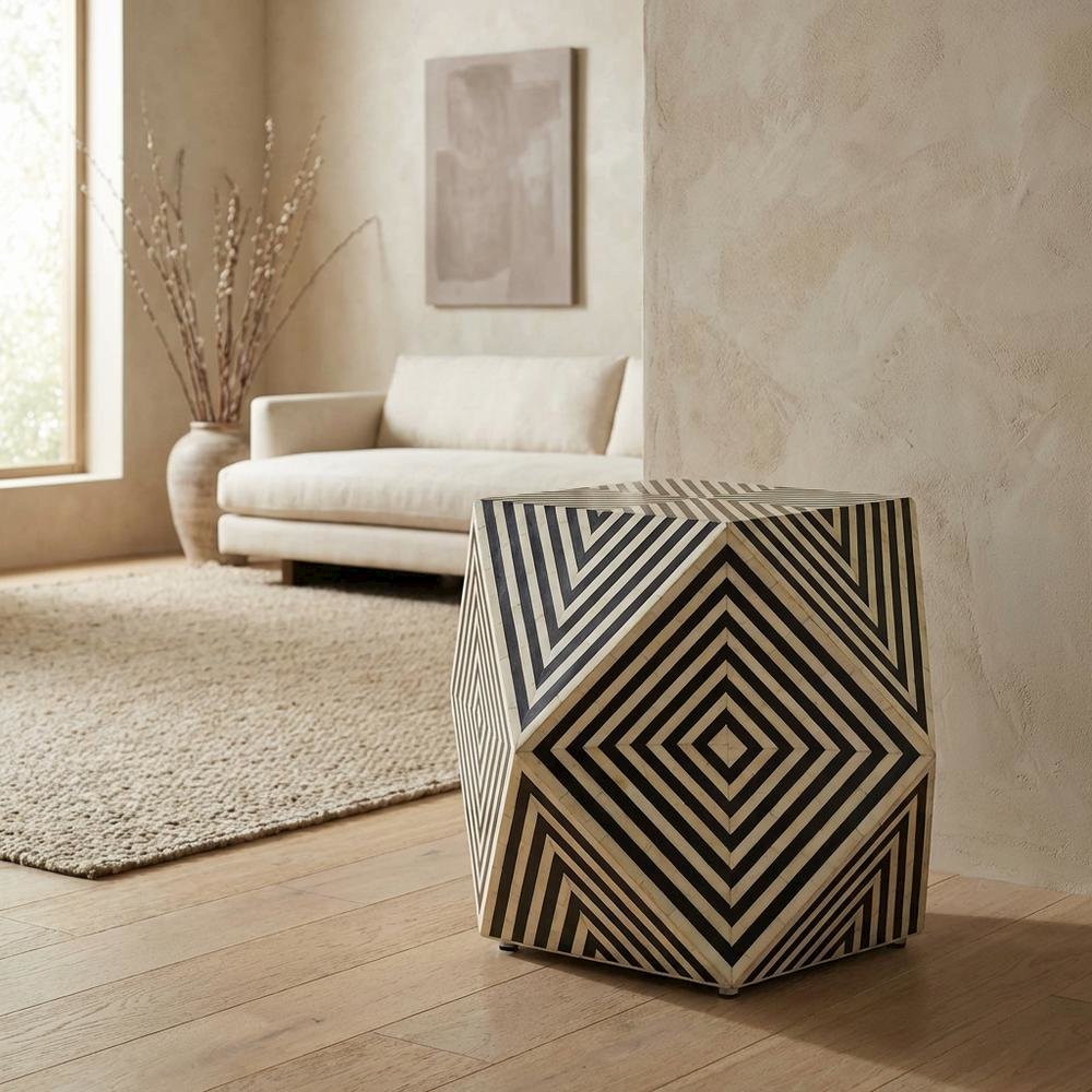 Geometric Square Side Table, Modern Bone Inlay Accent Table for Living Room