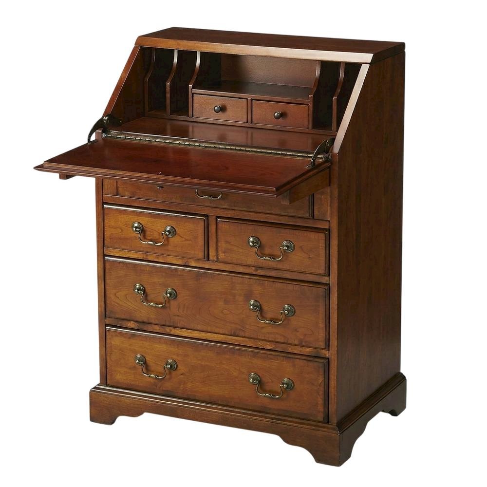 Traditional Secretary Desk with 7 Drawers, Writing Desk, Olive Ash