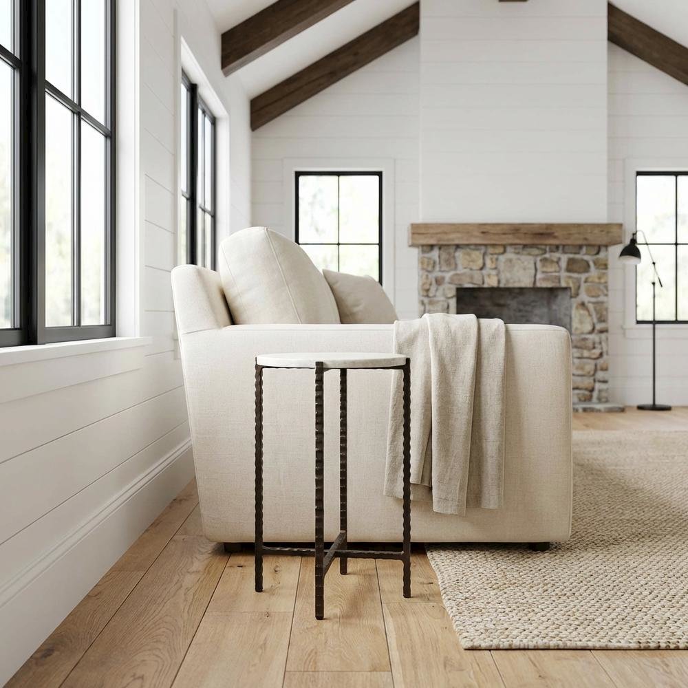 Round Side Table with Metal Base, Transitional End Table for Living Room