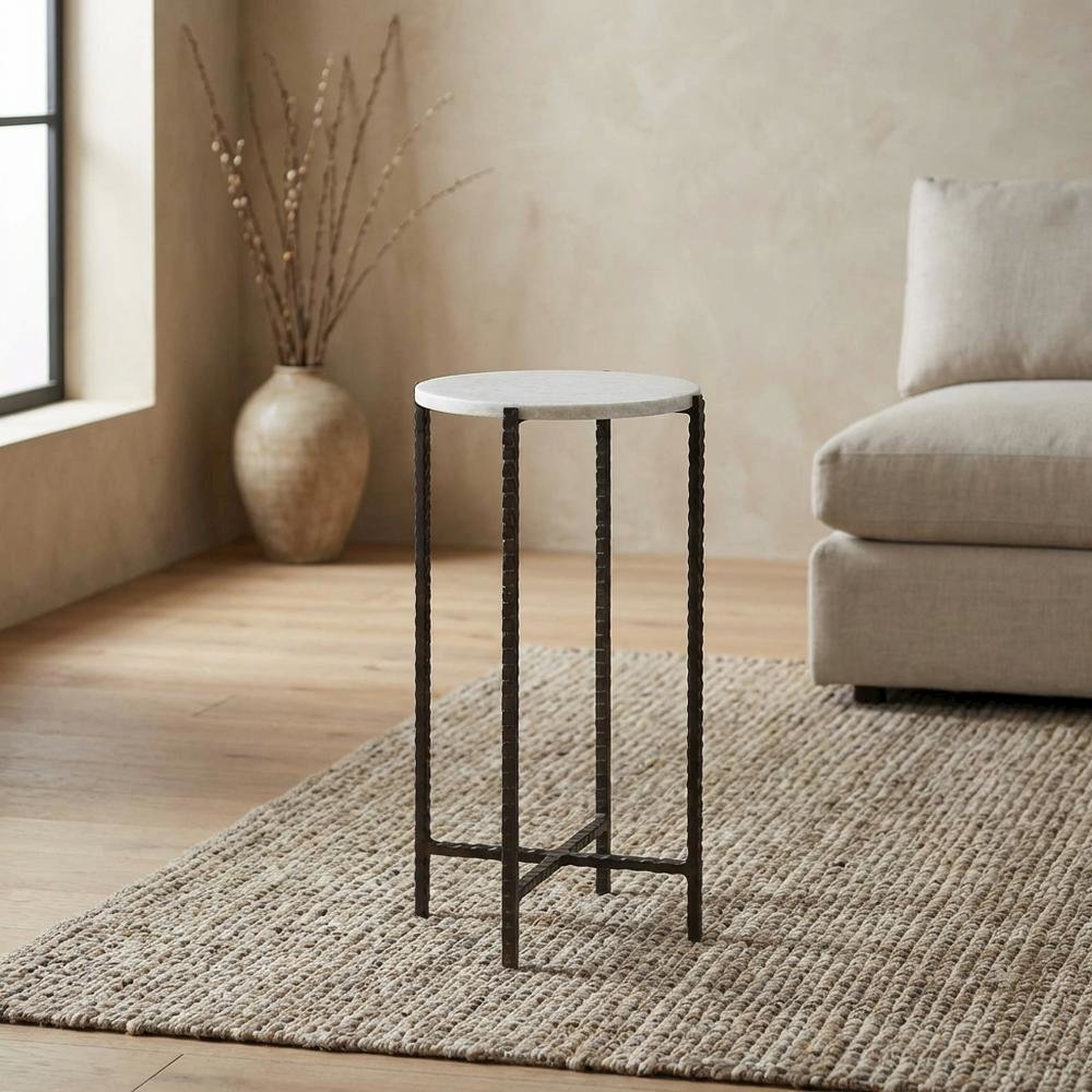 Round Side Table with Metal Base, Transitional End Table for Living Room