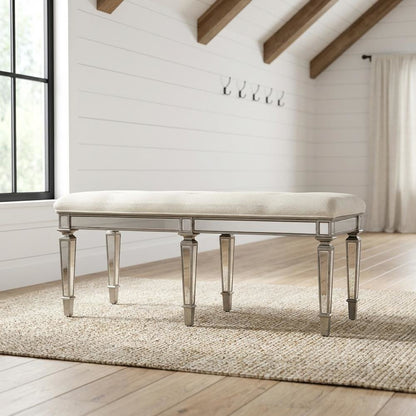 Mirrored Accent Bench with Cushioned Seat, Modern Entryway Bedroom Bench