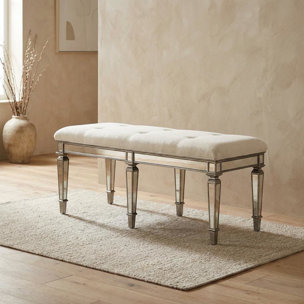 Mirrored Accent Bench with Cushioned Seat, Modern Entryway Bedroom Bench